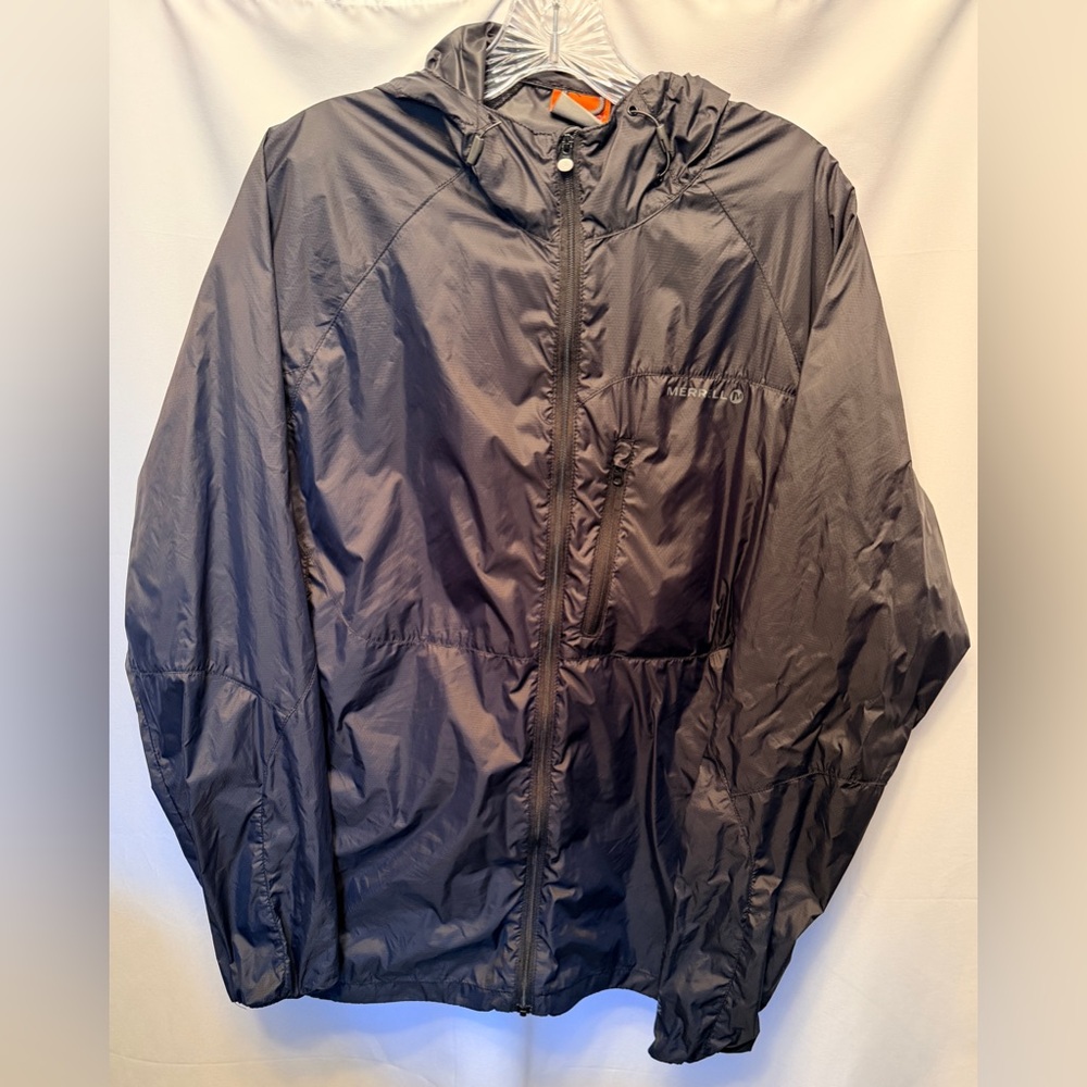 Merrell Men's Large Nylon Windbreaker Full Zip Jacket Hood Black Lightweight